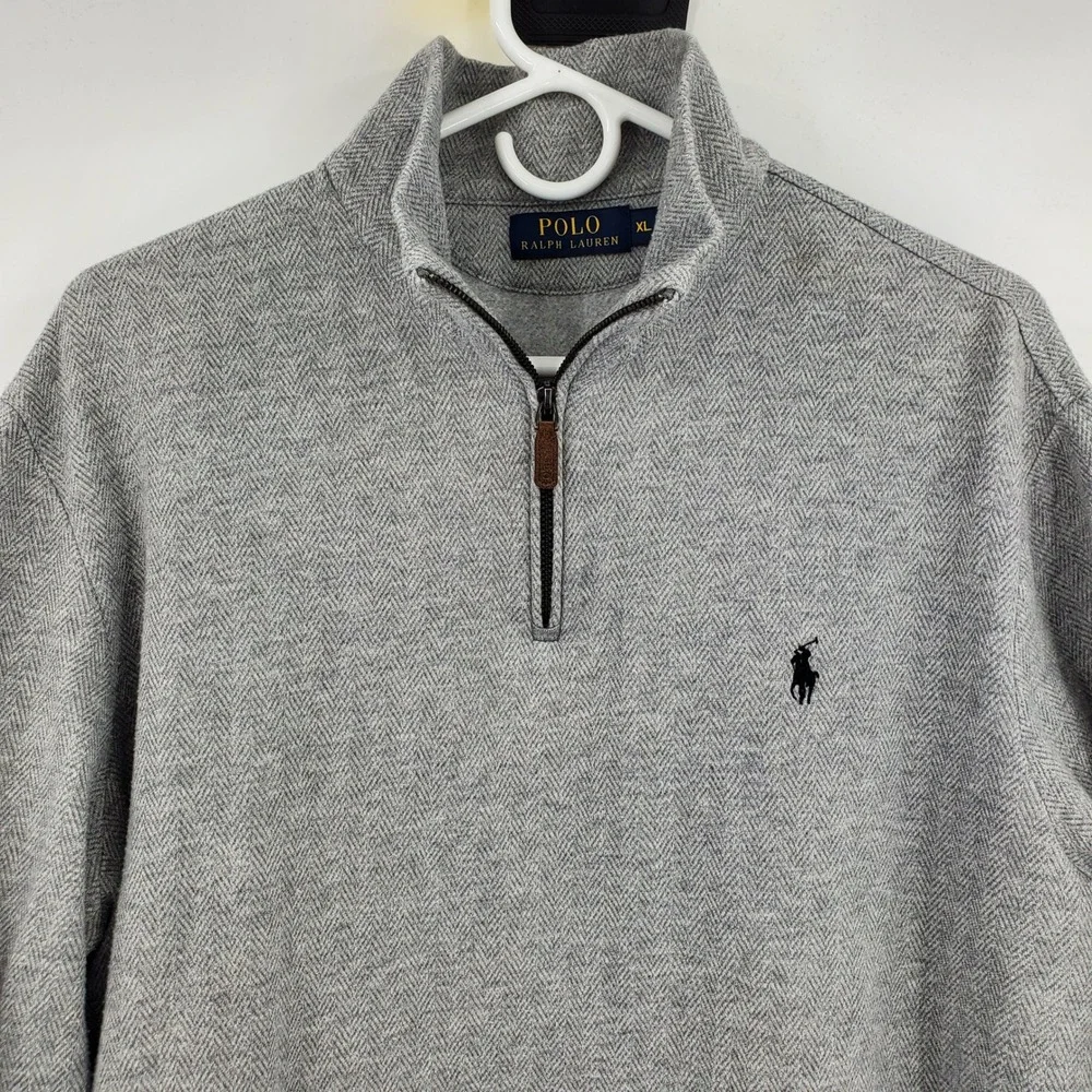 Polo Ralph Lauren Men XL Grey Herringbone Quarter Zip Pullover Sweater Pony Logo